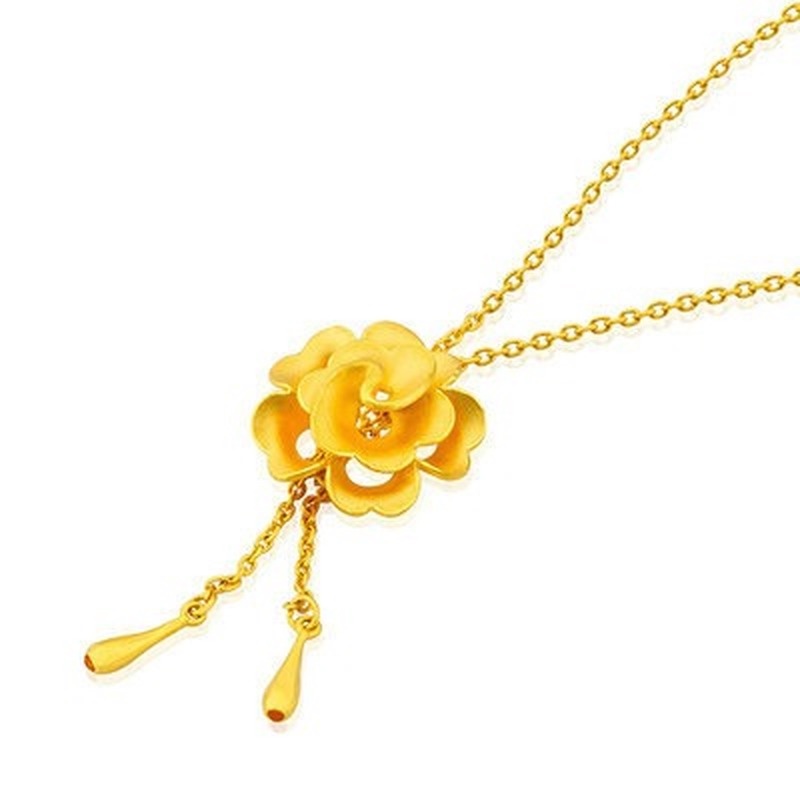 [Ready Stock]Fashion Gold Plated Rose Tassel Pendant Elegant Necklace