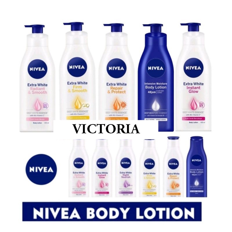 NIVEA Body Lotion Extra White 100-200-400-Repair Protect Instant Glow Night Nourish Sun (Valensia)