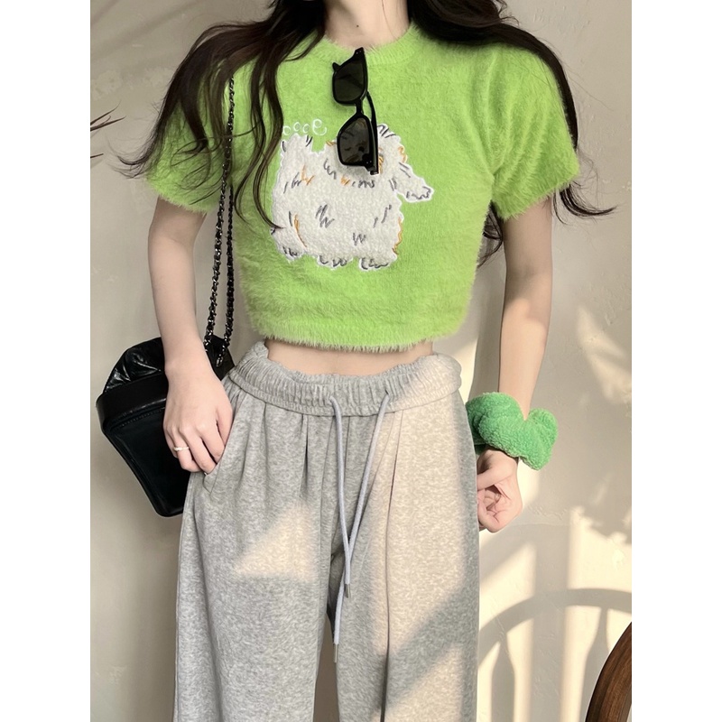 #Sisjuly# Wanita Murni Desire Lengan Pendek Sweater Rajut Wanita Musim Panas Pendek Gadis Panas Keta