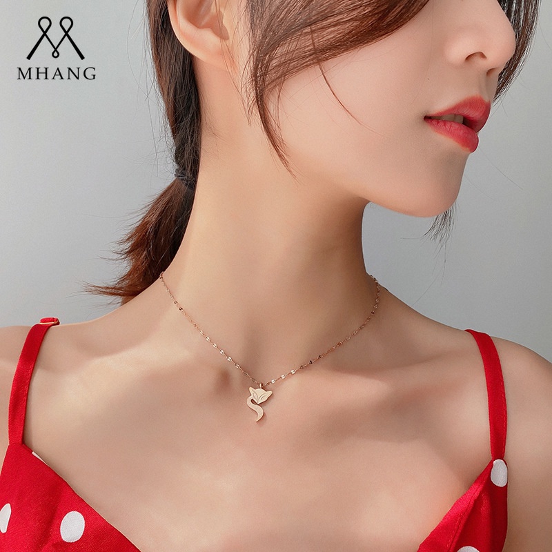 Kalung Desain Rubah Warna Rose Gold Bahan Stainless Steel Gaya Vintage Korea Untuk Wanita