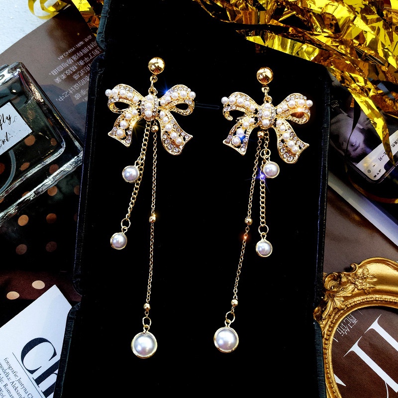 Anting Tusuk Gantung Sterling Silver S925 Desain Pita Hias Full Kristal Berlian Imitasi Untuk Wanita