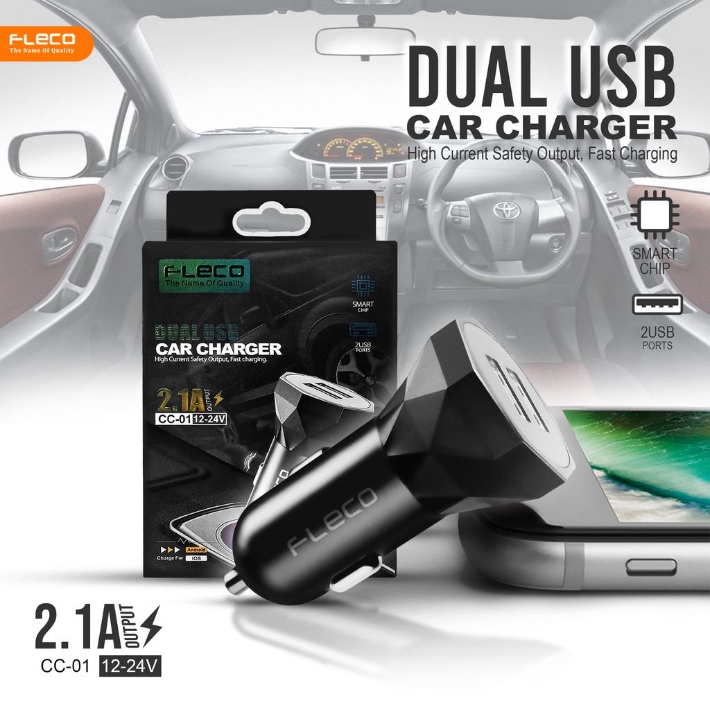 Saver Mobil Car Charger FLECO CC-01 2usb Fast Charging QC 3.0A Car Charger Batok Kepala Cas Original