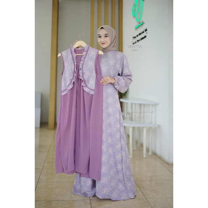 Gamis SET OUTER BLEZER CARDIGAN  2IN1 ori venyta LAILI LILI SET OUTHER  ROMPI baju muslim hits motif bunga umbrella Mayung syari maxidress pesta