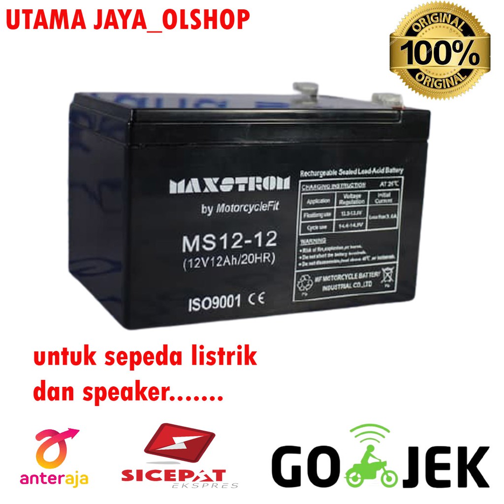 Aki kering baterai VRLA Maxstrom MF 12V 12AH sepeda listrik dan speaker paling murah