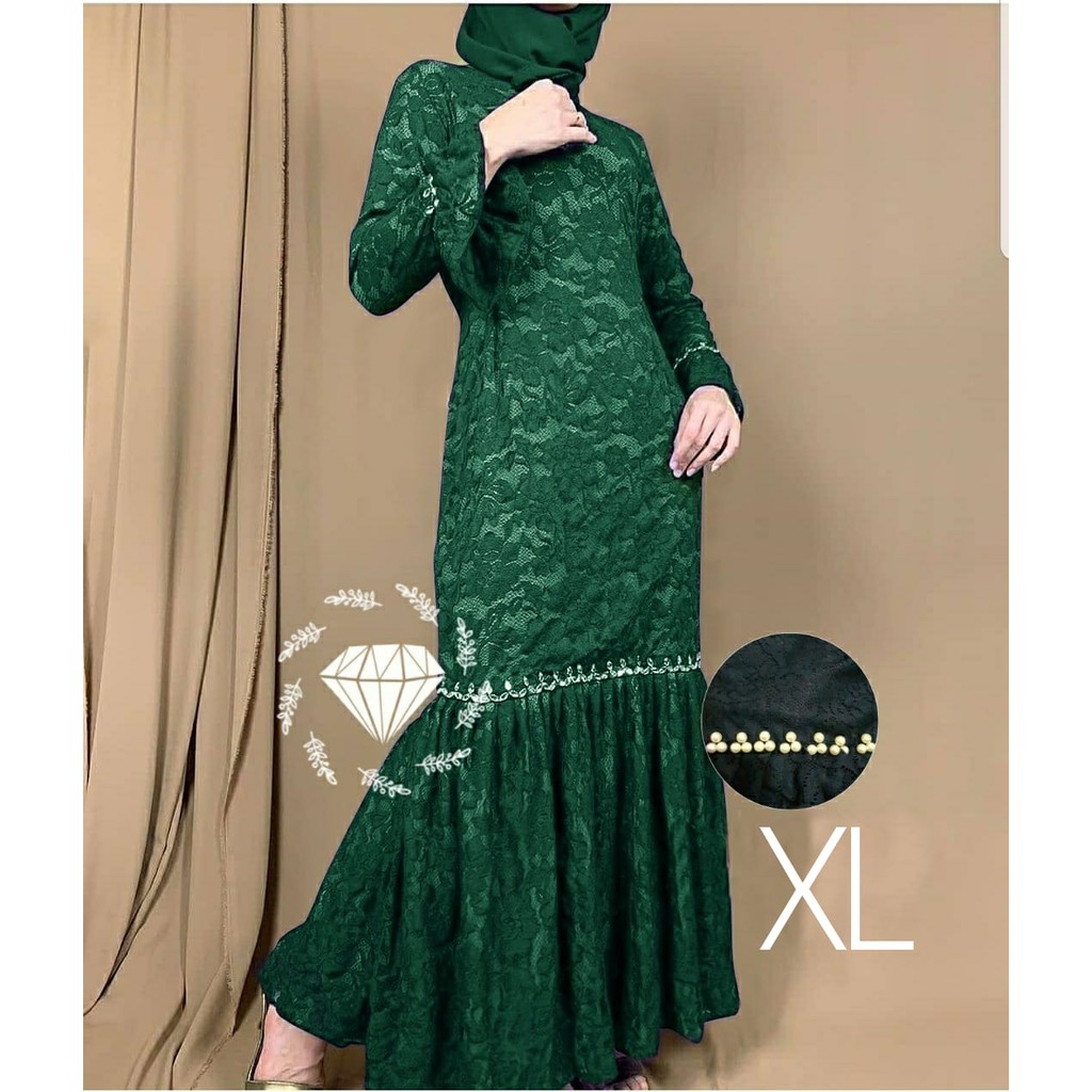 PCS MAXY NURHALIZA DUYUNG MUTIARA BRUKAT FASHION PAKAIAN WANITA DRESS GAMIS MAXI 5 UKURAN M L XL XXL 3XL MS ADA VIDEO REVIEW ASLI PRODUK-Hijau XL