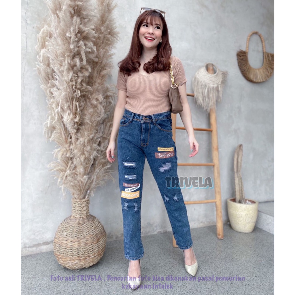 Boyfriend Jeans Happiness / Boyfriend Jeans Sobek Sablon / Boyfriend Sobek Lapis