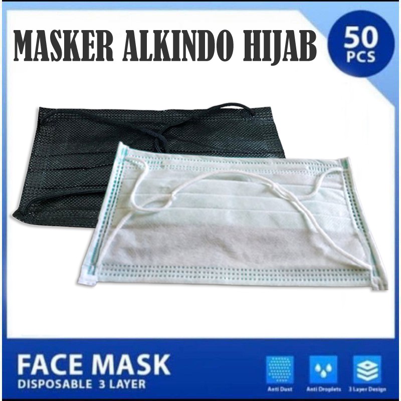 Masker Hijab Alkindo 1 Box isi 50pcs 3ply Headloop Mask Disposable Masker Mulut Daily Mask