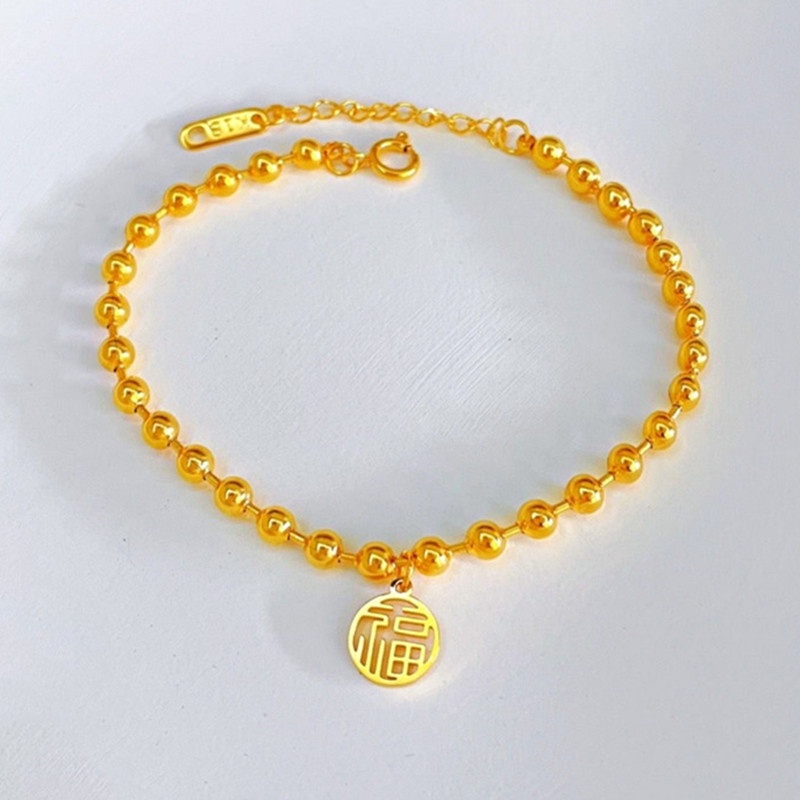 Gelang Titanium Wanita Anti Karat Manik 'Fu' Keberuntungan Emas 18K Perhiasan Korea-gold