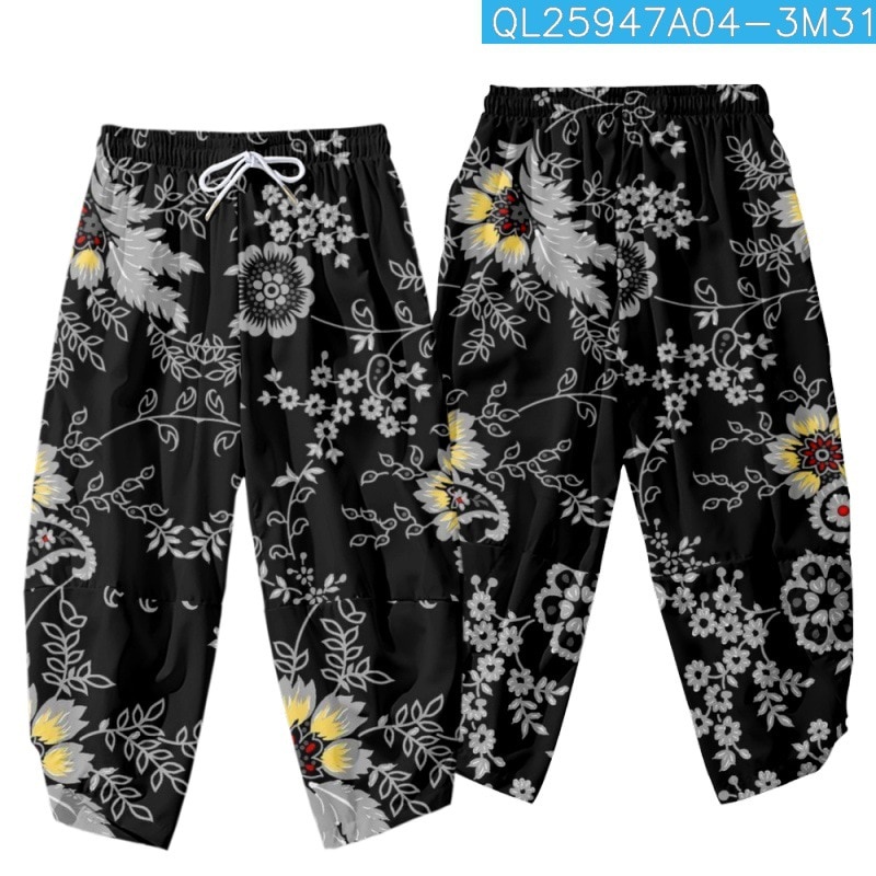 kimono korea Flower Printed Black Men Japanese Harem Trousers Casual Elastic Waist Kimono Cropped Pa