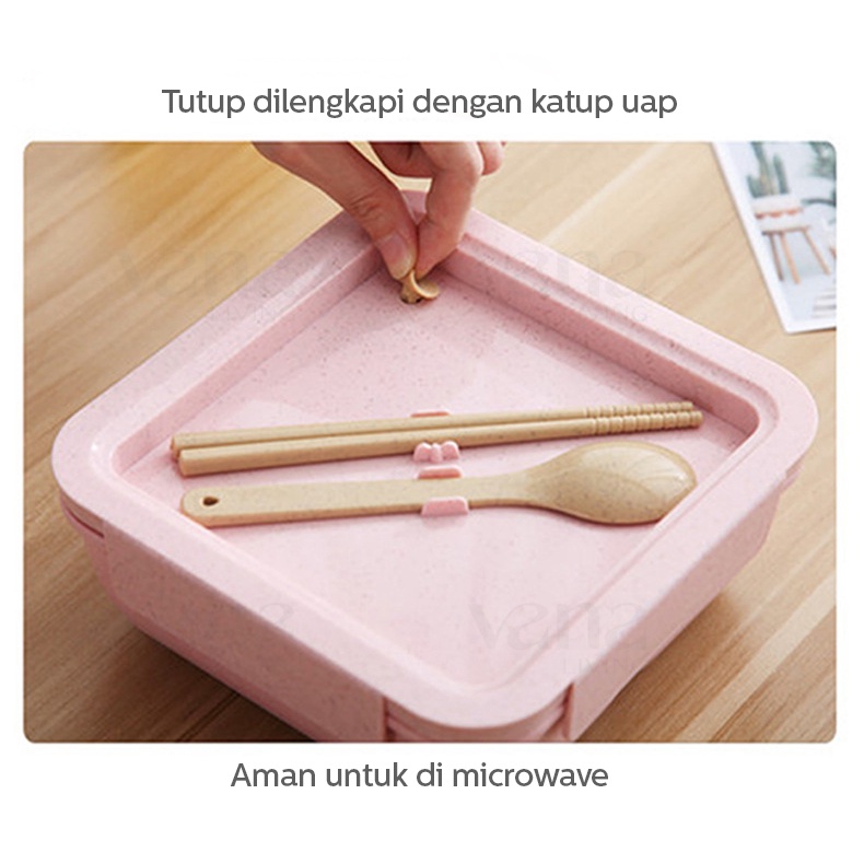 Vana Tempat Makan Jerami Gandum Lunch Box 3 Color 1100 ML with Free Peralatan Sendok Sumpit BPA Free Cocok Untuk Makanan Anak Kantor