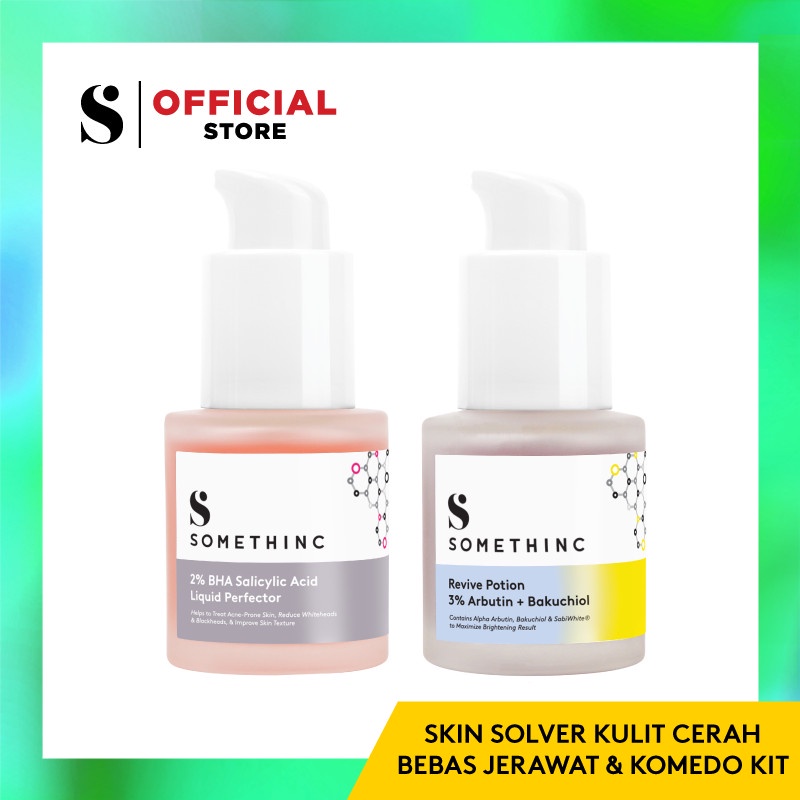 SOMETHINC SKIN SOLVER Kulit Cerah Bebas Jerawat dan Komedo Kit(- 2% BHA Salicylic Acid Liquid Perfector 20 ml +Revive Potion 3% Arbutin)