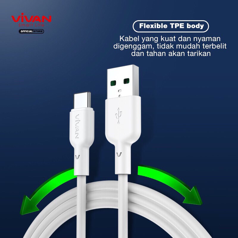 VIVAN VQC100 Kabel Type C 6.5A Fast Flash Charging 65W QC3.0 100cm Garansi Resmi 1 Tahun