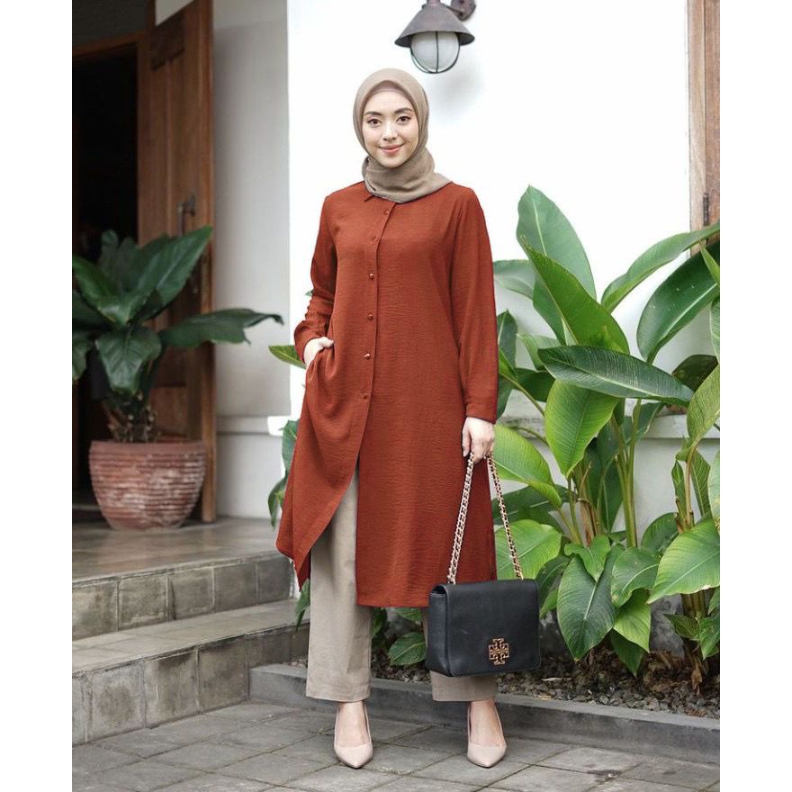 Grace Tunik Crinkle L-XXL Kancing Depan / Kemeja Atasan Wanita OVERSIZE Lengan Panjang Bahan Cotton Crinkle