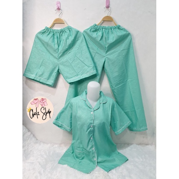 Baju Tidur Piyama Wanita Cewek Pajamas Dewasa Katun Motif Embos 3 in 1-3 IN 1 EMBOS MINT