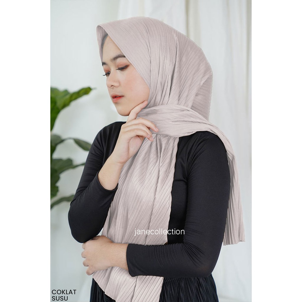 JANE COLLECTION || Hijab Jilbab Kerudung Plisket Muslim Pasmina Mirip Jilbab Instant 160x51 [ Hitam Choco Coklat Susu Coksu Milo Abu Abu ] - Pashmina Plisket Zeline