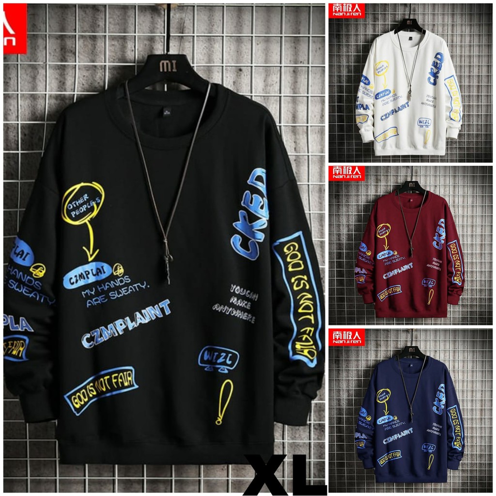 TOTOTASHOP. Baju fashion pria WIZZ AH M-L-XL,Lengan panjang, Bahan babyterry premiu, Motif sablon halus.Manset bahan RIB.