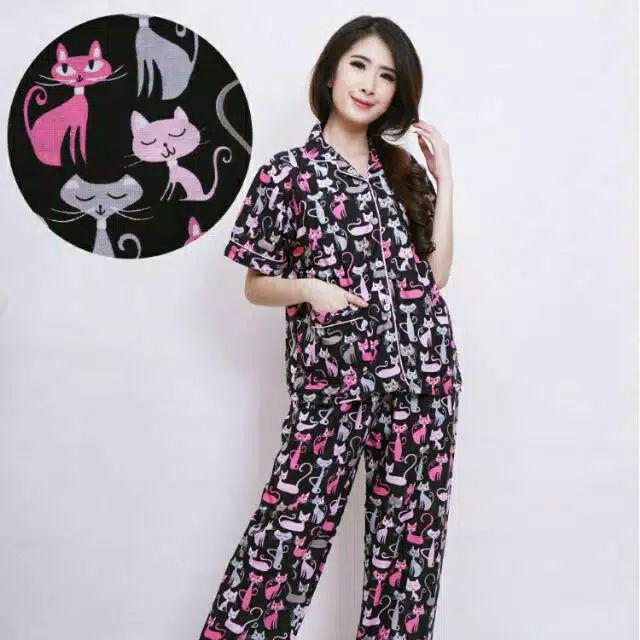 Baju Tidur Piyama Wanita/Cewek Pajamas Motif Dewasa Kekinian Karakter/Kotak Guillen-CP BLACK CAT