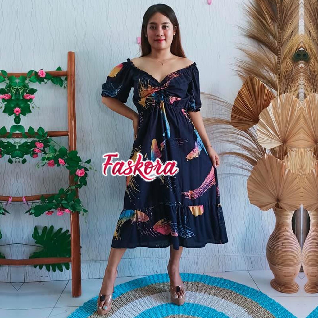 Dress Jumbo Casual Sabrina Kerut Dada Wanita Panjang Rayon Bali Motif Polos Bulu