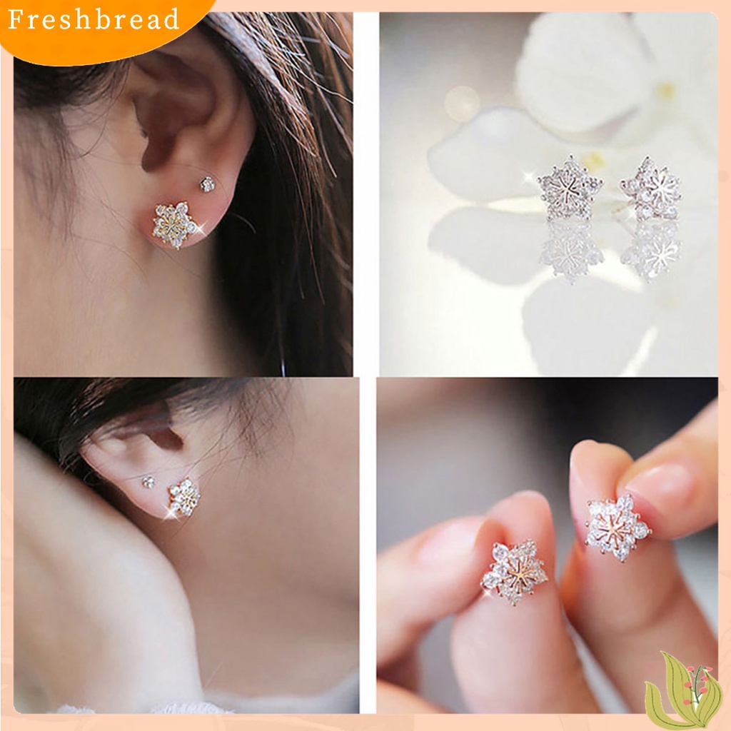 [Fresh] 1 Pasang Anting Tusuk Motif Snowflake Hias Berlian Imitasi Berkilau untuk Wanita / Hadiah