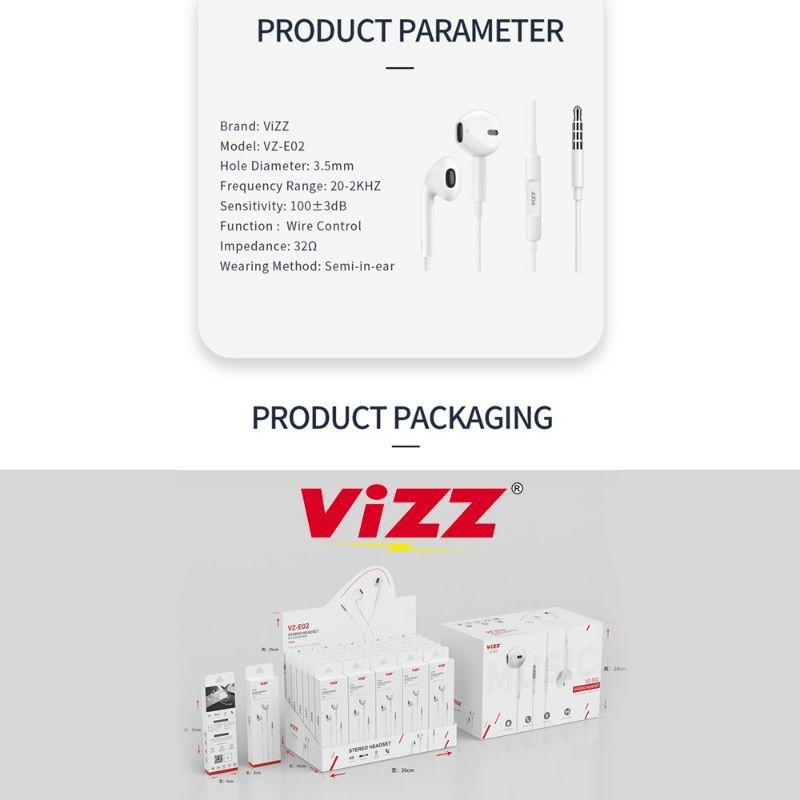 Handsfree Vizz E02 Stereo Headset Vizz Microphone Original Vizz