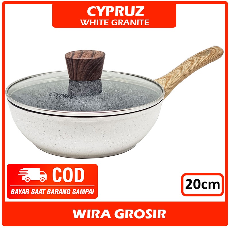 Cypruz 20cm Deep Wok + Tutup Kaca Granite Putih | Pan + Lid Anti Lengket | Wajan Keramik Induksi