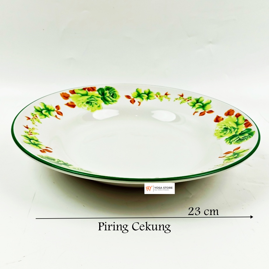 Piring Makan Cekung Keramik Tebal Motif GREEN ROSSIE Kedaung - 1 Pcs
