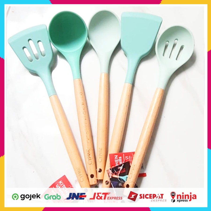 Paket Spatula Cypruz Sodet Silikon Gagang Kayu Silicone Hijau Set