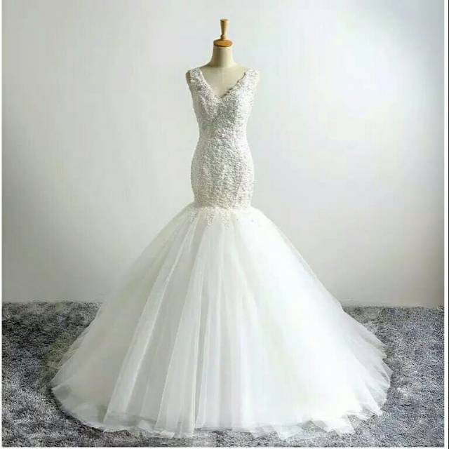 Gaun Pengantin Gaun Pesta Pernikahan Mermaid Slim Fit Bahan Renda Putih