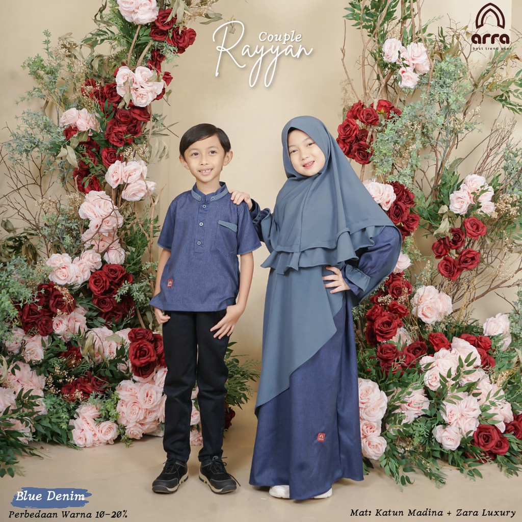 Arra Sarimbit Keluarga Gamis Ayah Ibu Anak Series Rayyan Warna Navy Blue Denim Original Premium Baju Pasangan Couple Busana Muslim Terbaru 2022