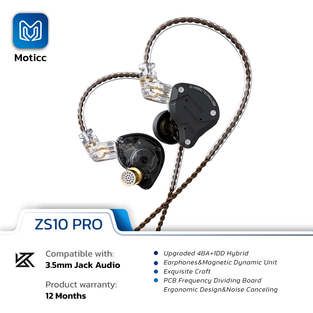 [Garansi 1 Tahun] KZ ZS10 PRO with Mic 10 Driver - 4BA+1DD HiFi Hybrid Basshead In Ear Earphone