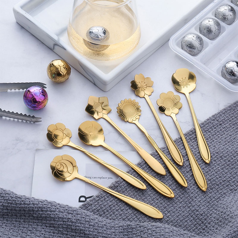 1 Pcs Desain Bunga Sendok Peralatan Makan Stainless Steel Pegangan Panjang Antik Sendok Teh Makanan Penutup