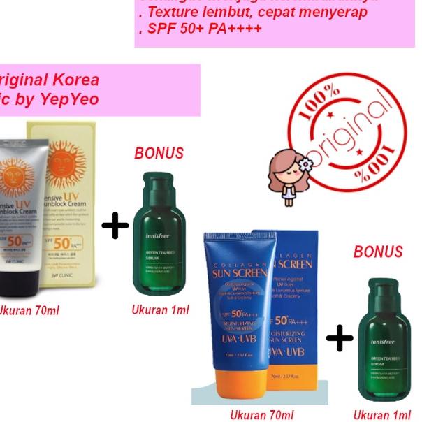 「Terbaik」 3W CLINIC Intensive UV Sunblock Cream 70ml atau Collagen Sunscreen 70ml  (SPF50+ PA+++) 5.
