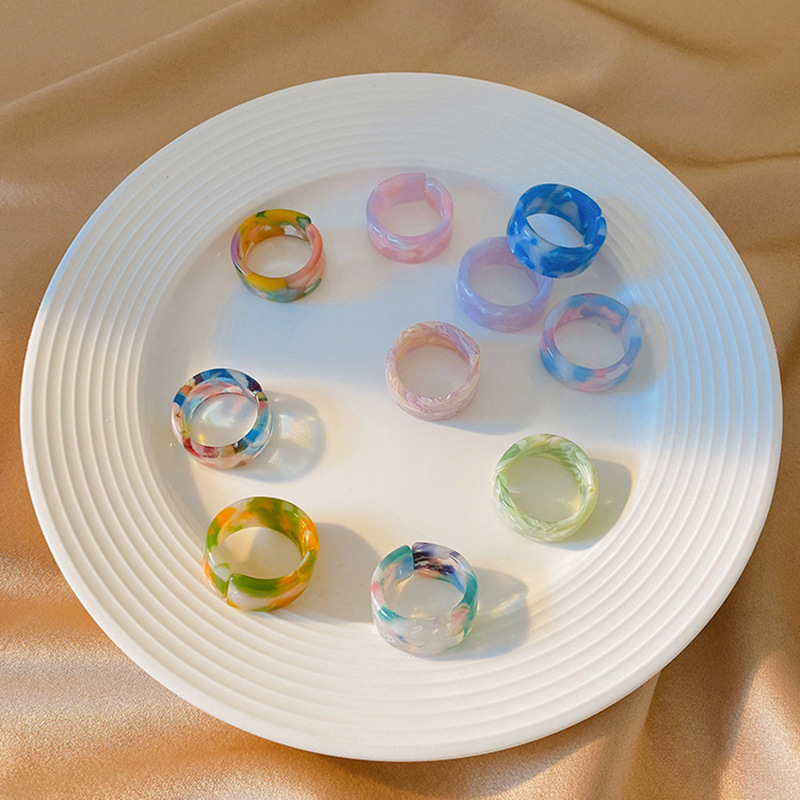 Simple geometric round candy color combination resin acrylic marble texture open ring set factory wholesale