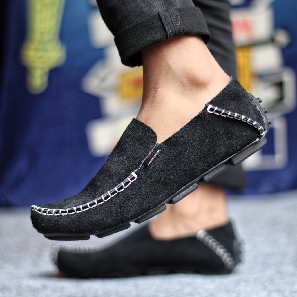 MOKSUE|Sepatu Kasual Slip On Pria Kulit Asli Mocasin Hitam Slop Cowok Trendy Murah