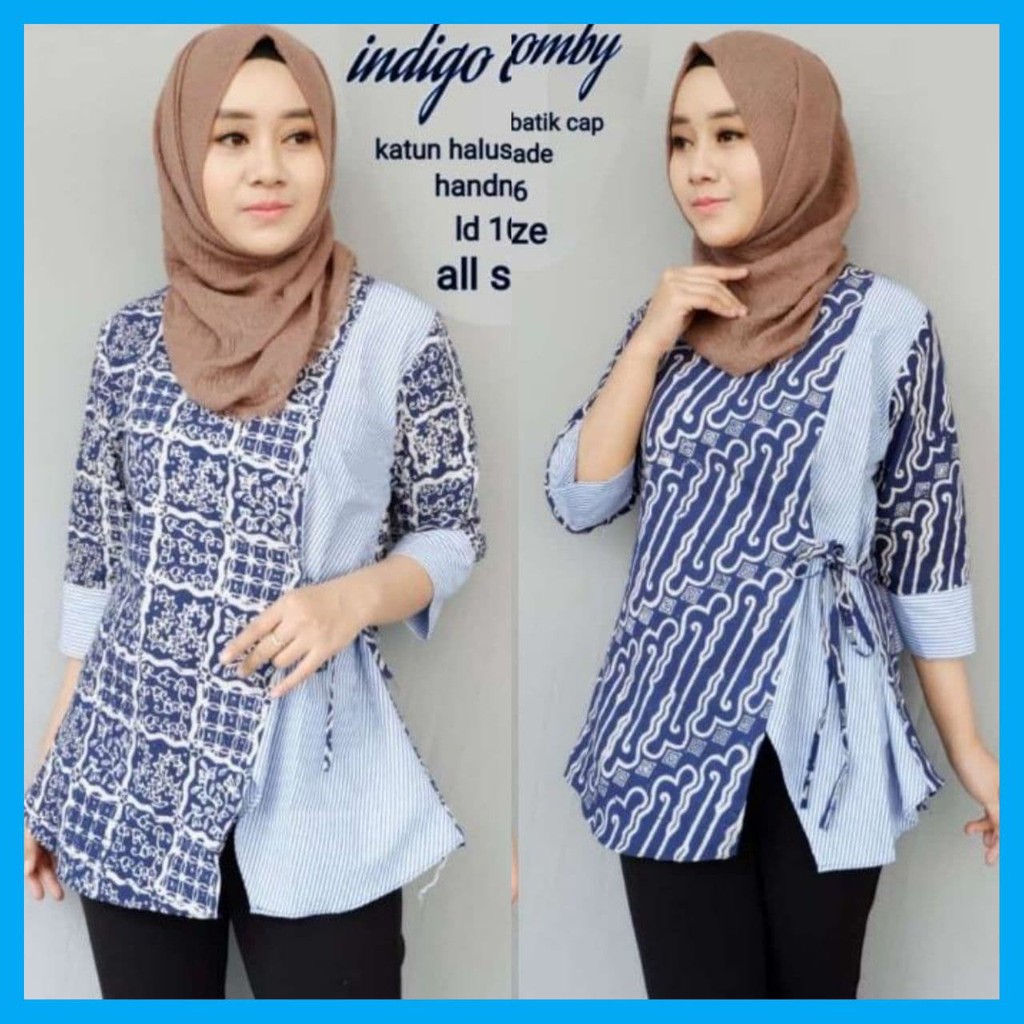 BLOUSE BATIK BIRU KANTOR KONDANGAN GURU KEKINIAN TERBARU KEREN NEW BAJU BATIK WANITA BLUS BATIK