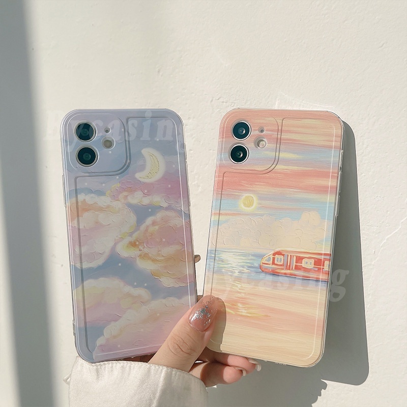 Soft Case Silikon Motif Lukisan Minyak Matahari Terbenam Untuk Iphone 13 Pro Max 12 11 6s 7 8 Plus X Xr Xs Max