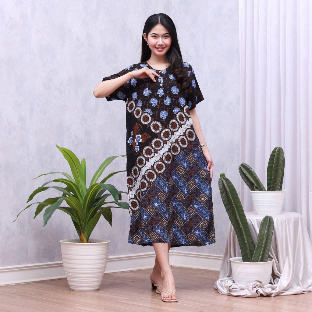 Daster Batik Lengan Pendek - Motif Daun - Leher Kancing (DPT001-133) Batik Prass-CECIL BIRU
