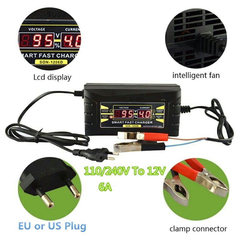 Charger Aki 12V 6A SUOER + LCD Display Otomatis Cas Accu Battery Motor Mobil - Black