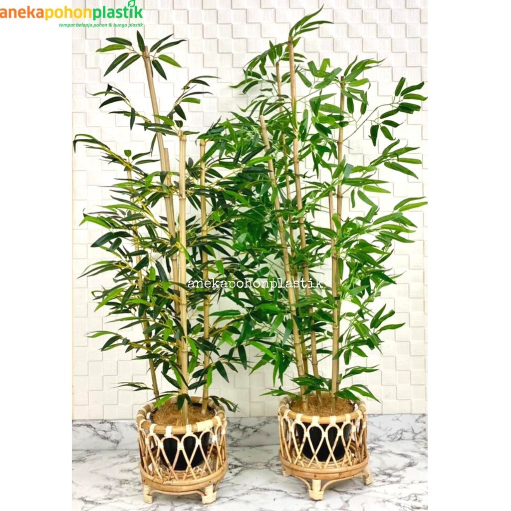 Tanaman Hias Artificial Pohon Bambu Hijau Kuning Latex Pot Plastik Standing Cover Rotan Home Decor