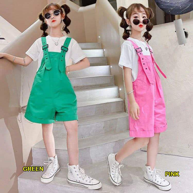 Baju Overall Celana Anak Perempuan Kiddy GREEN/PINK Set 2in1 (baju, overall)