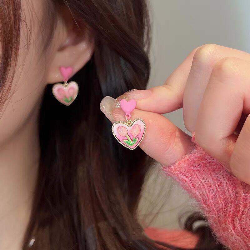 IFYOU Anting Stud Desain Bunga Hati Warna Pink Gaya Vintage Korea Untuk Wanita