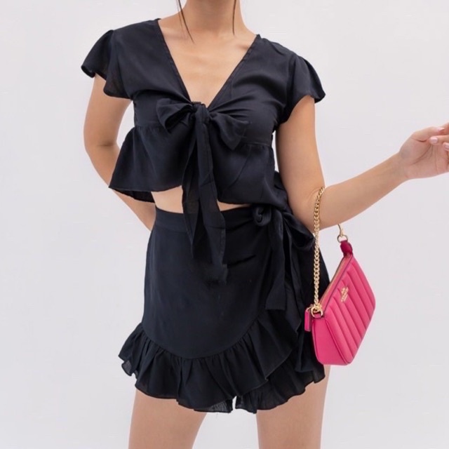 CANGGU summer set black tied top & skort - setelan blouse atasan crop dan rok celana pendek
