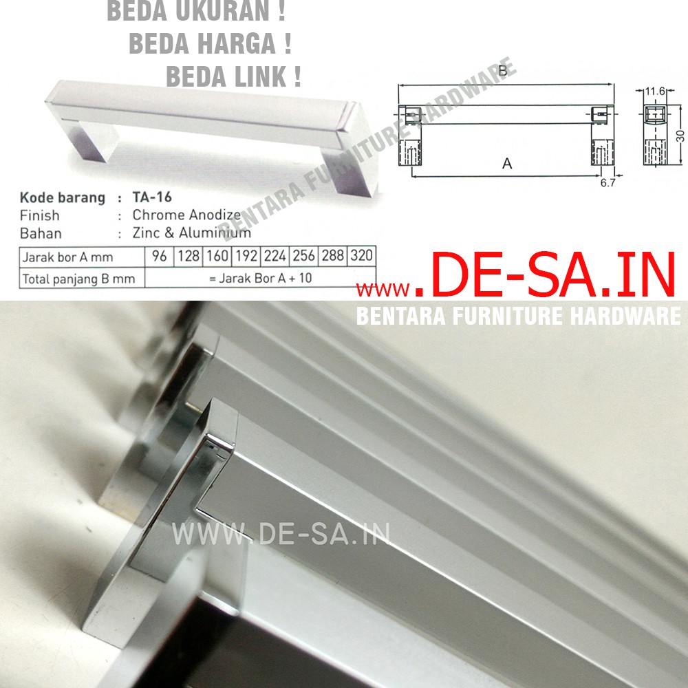 Huben TA-16 288 mm - Handle Tarikan Laci Pintu Kabinet Lemari Meja Minimalis Zinc Aluminium Chrome Anodized (Sekitar 28 - 29 - 30 cm )