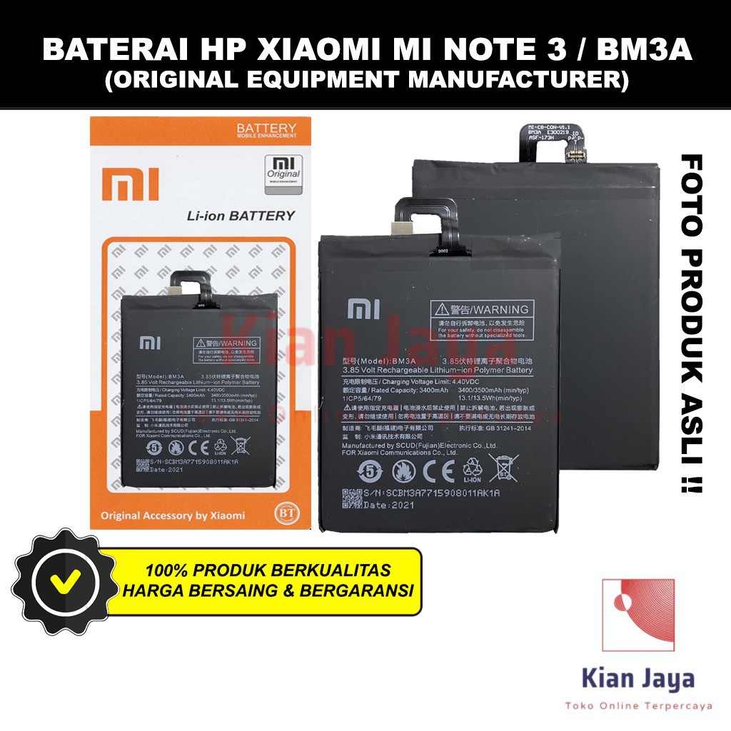 Baterai Xiaomi Mi Note 3 BM3A Original OEM Batre Batrai Battery Hp Xiao Mi BM 3A Ori