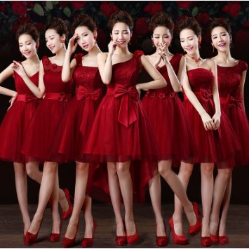 princess bridesmaid banquet party ball dress gown  / mini  dress  red  dengan  mdel  midi  dress