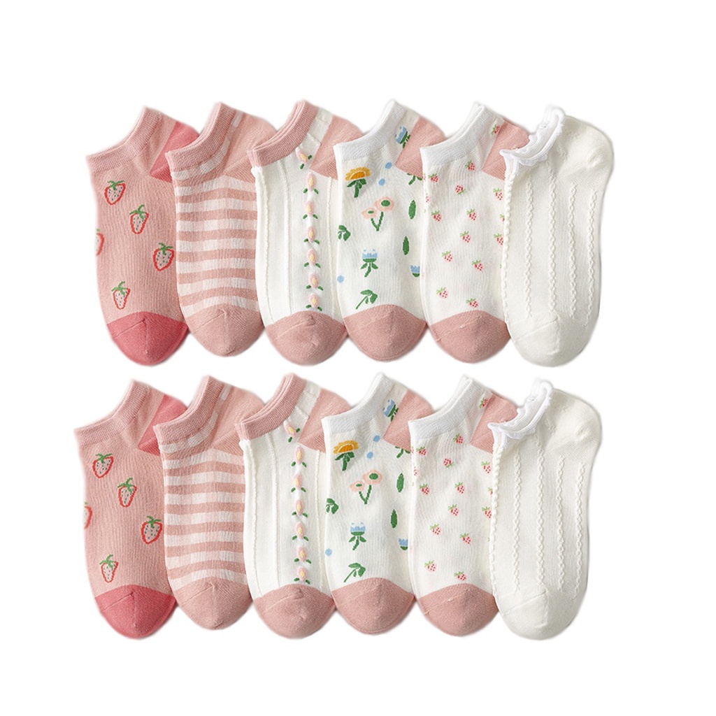 ⭐Gogoland⭐ Kaos Kaki Wanita Fashion Motif Strawberry Bunga Lebah Bee Kotak Biru Navy  Bunga Biru Green Leaf  Polos Pattern Garis Kaoskaki Pendek Korea Sock Import KK001-006-6
