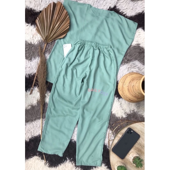 BAJU TIDUR ONE SET POLOS MINT / SETCEL RAYON SLEEPWEAR / PIYAMA LEKBONG WANITA SATU STEL CELANA PANJ