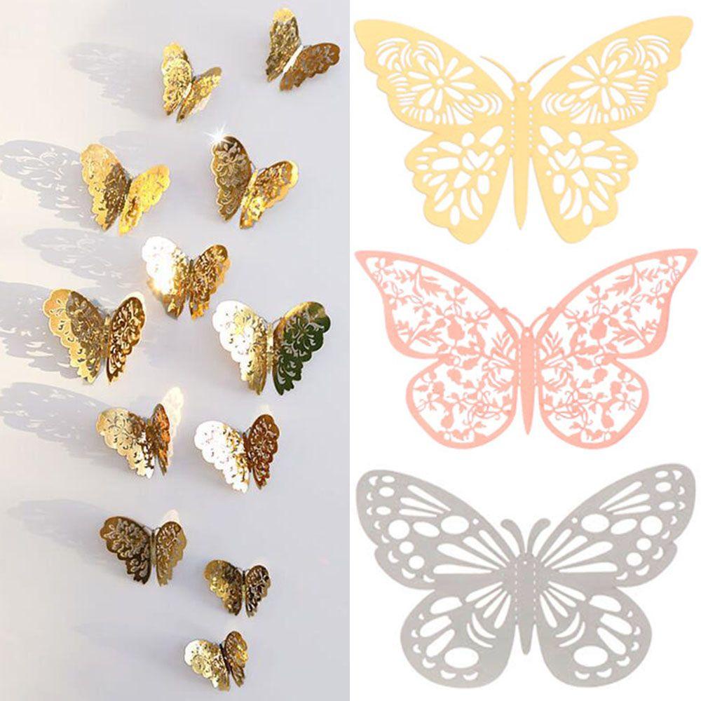 Preva 12PCS/Set 3D Kupu-Kupu Stiker Emas Perak Ornamen Pernikahan Dekorasi Rumah Tekstur Logam