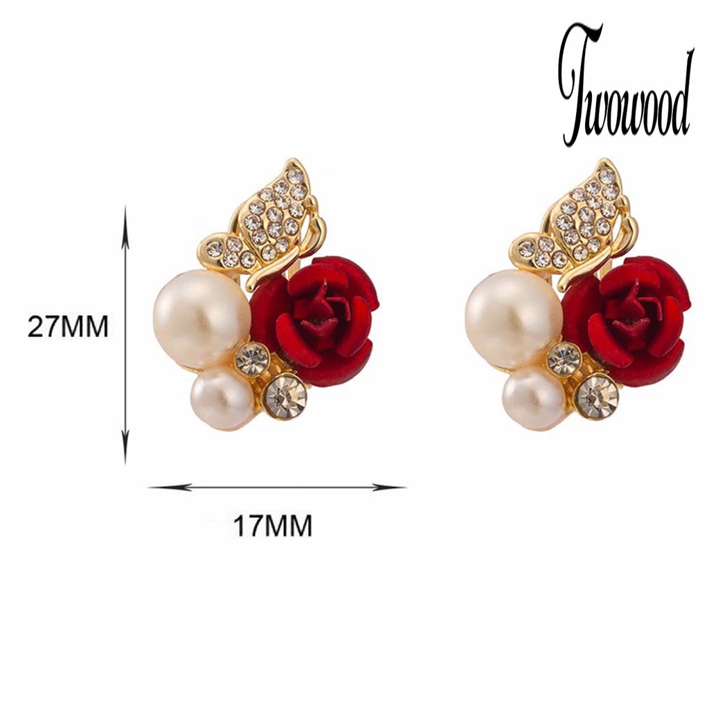 Anting Stud Desain Bunga Mawar Merah Aksen Mutiara Tiruan Bahan Alloy Untuk Hadiah