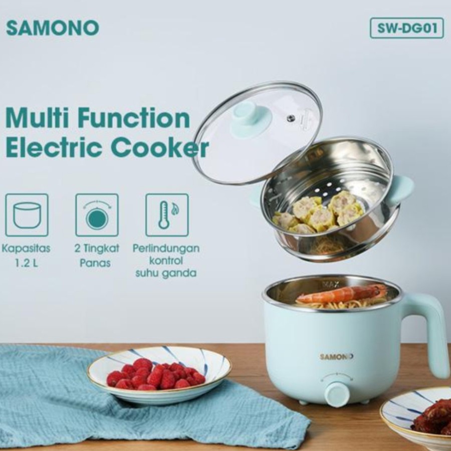 Samono SW-DG01 Panci Listrik Kukusan Elektrik Cooker Multifungsi 2 Tingkat Stainless Steel 1,2L GRS